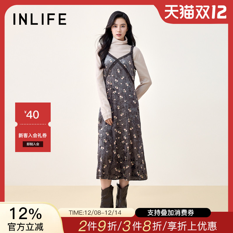 伊纳芙高级v领丝绒印花连衣裙