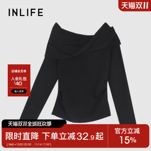 露肩收腰显瘦针织衫 伊纳芙法式 新款 t恤女秋季 上衣 气质一字肩长袖