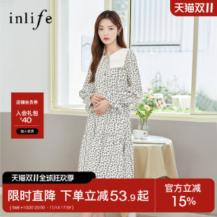 伊纳芙海军领高腰碎花连衣裙女学院风气质收腰显瘦过膝裙子中长裙