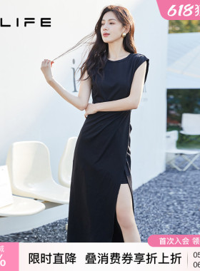 伊纳芙赫本风黑色连衣裙夏季新款女气质通勤无袖开叉收腰显瘦长裙