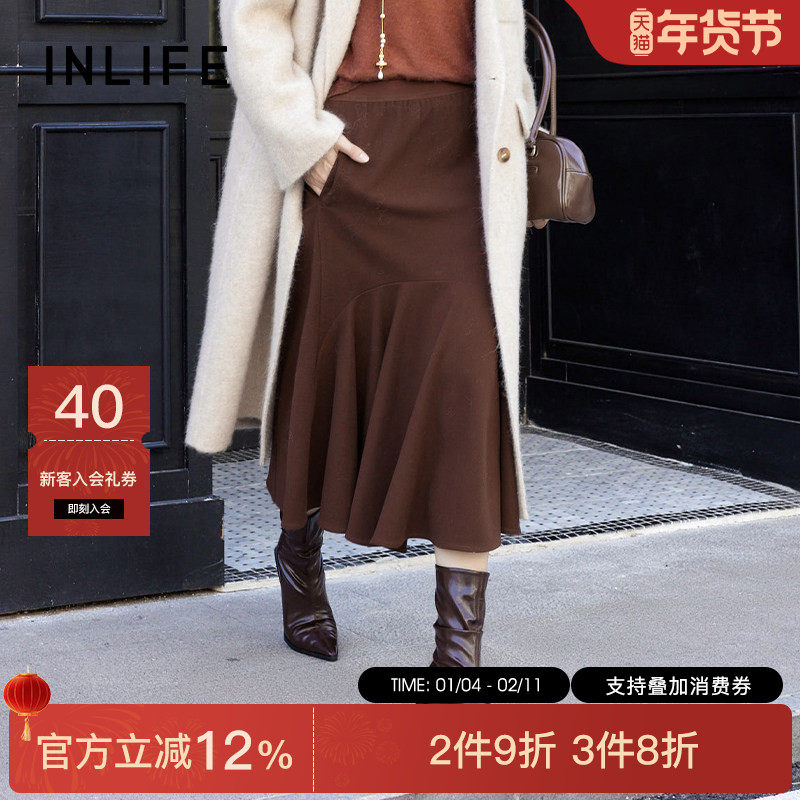 伊纳芙气质棕色高腰半身裙女冬季新款高级复古宽松休闲鱼尾裙长裙,女装/女士精品,半身裙,淘宝优惠券,粉丝福利购,淘宝优惠卷
