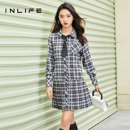 inlife长袖拼接格子连衣裙女