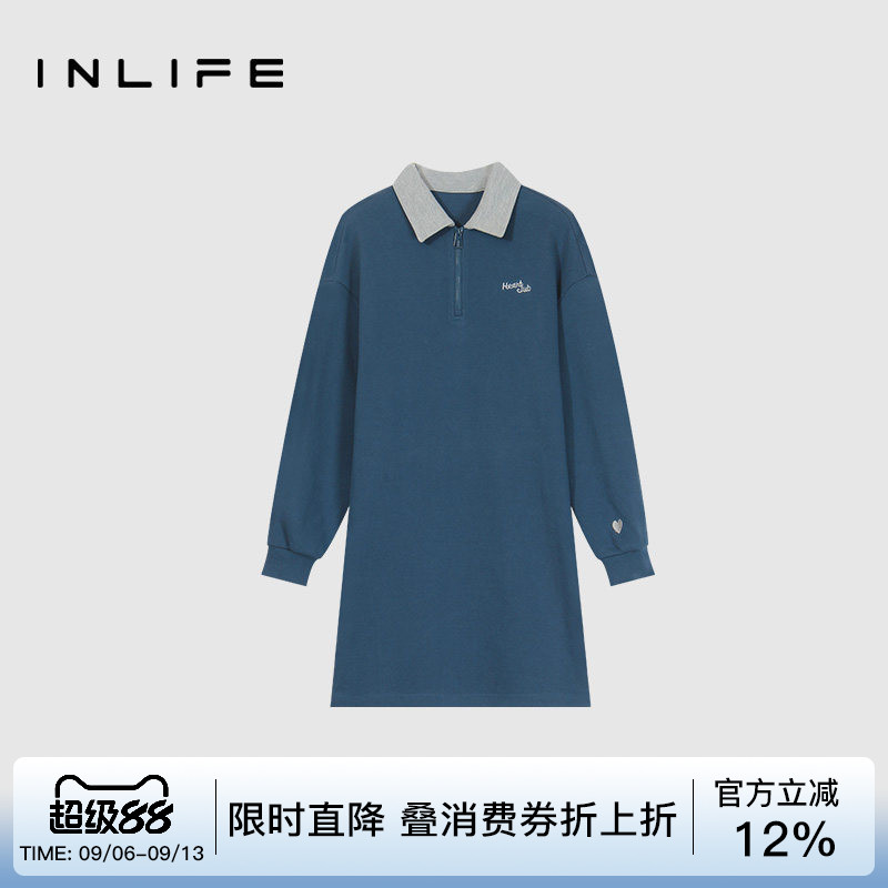 伊纳芙拼接休闲宽松连衣裙女春秋季新款polo领韩版长袖卫衣中裙