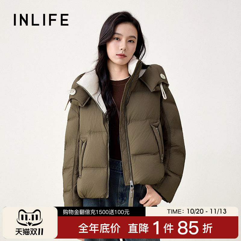 伊纳芙撞色连帽羽绒服女冬季新款加厚保暖鸭绒面包服宽松休闲外套