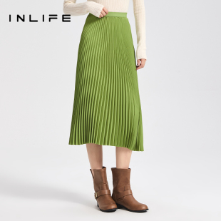 伊纳芙法式 高级气质百褶裙高腰垂感直筒裙 风琴半身裙女2025冬新款