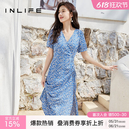 inlife法式碎花连衣裙2026夏季新款女气质V领收腰显瘦雪纺茶歇裙