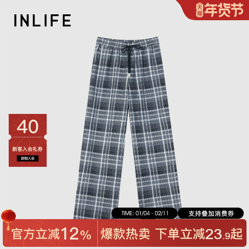 伊纳芙复古加绒格纹休闲裤女冬季新款时尚慵懒宽松休闲裤百搭长裤,女装/女士精品,休闲裤,淘宝优惠券,粉丝福利购,淘宝优惠卷