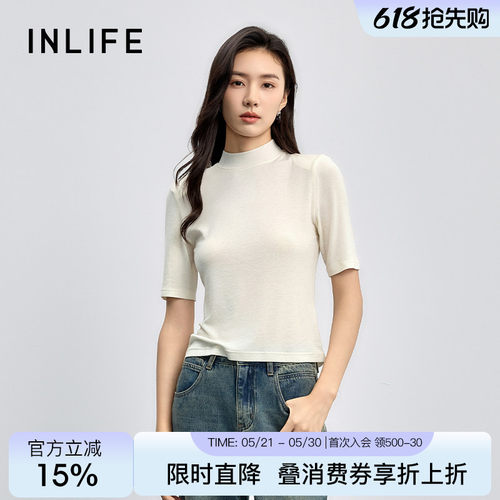 伊纳芙时尚气质半高领短袖T恤