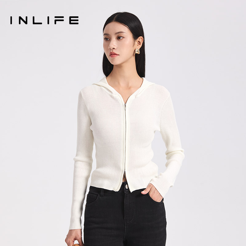 inlife轻奢连帽拉链针织开衫