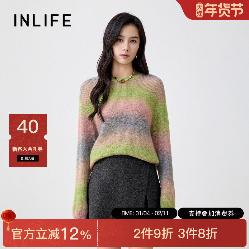 伊纳芙高级慵懒宽松圆领条纹毛衣女冬季新款韩系气质软糯保暖毛衫,女装/女士精品,毛针织衫,淘宝优惠券,粉丝福利购,淘宝优惠卷