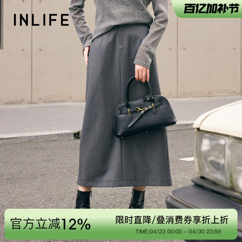 伊纳芙高级中长款灰色西装半身裙女春季新款气质通勤高腰直筒裙子