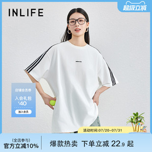 伊纳芙美式 宽松慵懒休闲上衣 圆领三条杠字母短袖 T恤女2025夏新款
