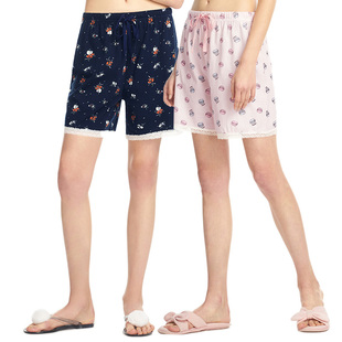 春夏新品 2条装 三枪家居裤 睡裤 纯棉居家印花系带全棉女士短裤