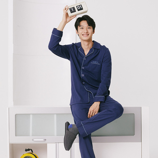 家居服套装 长袖 起居服 水柔棉翻领开襟男士 三枪睡衣男秋季