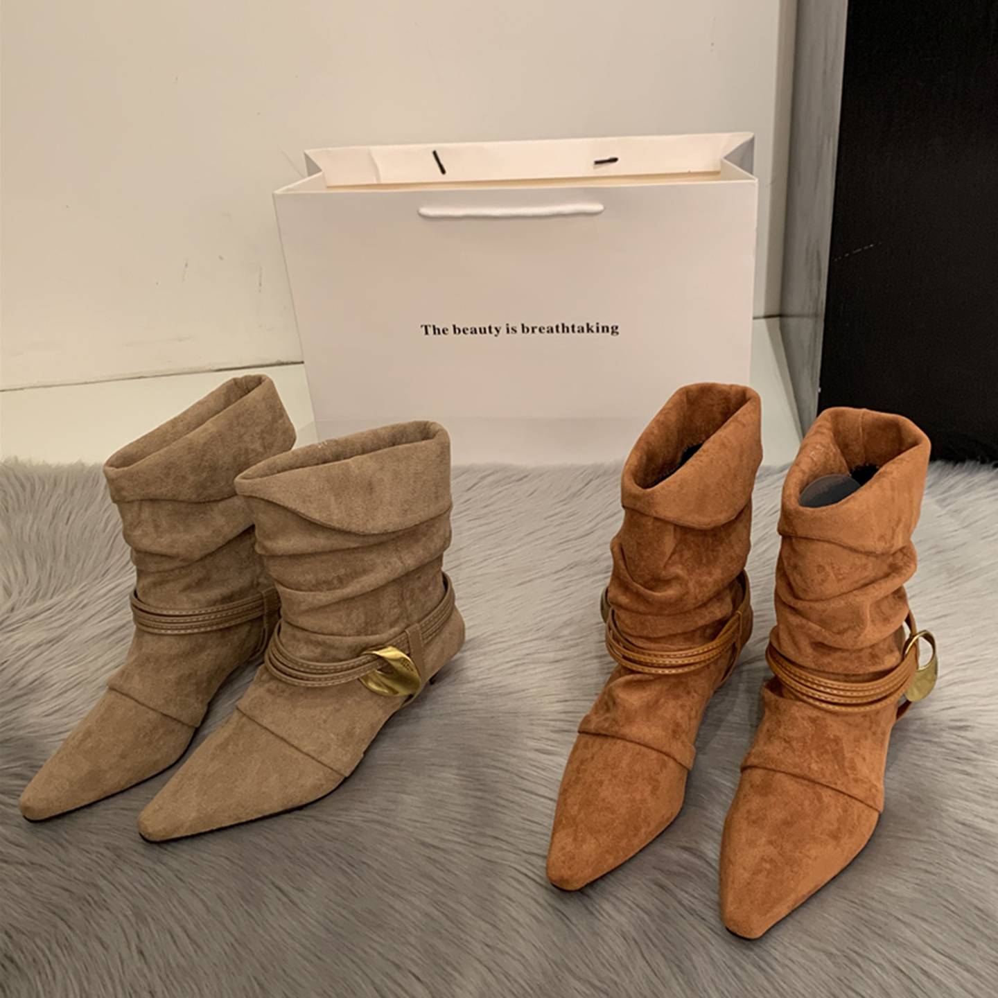 欧美新款小猫跟时装褶皱堆堆靴