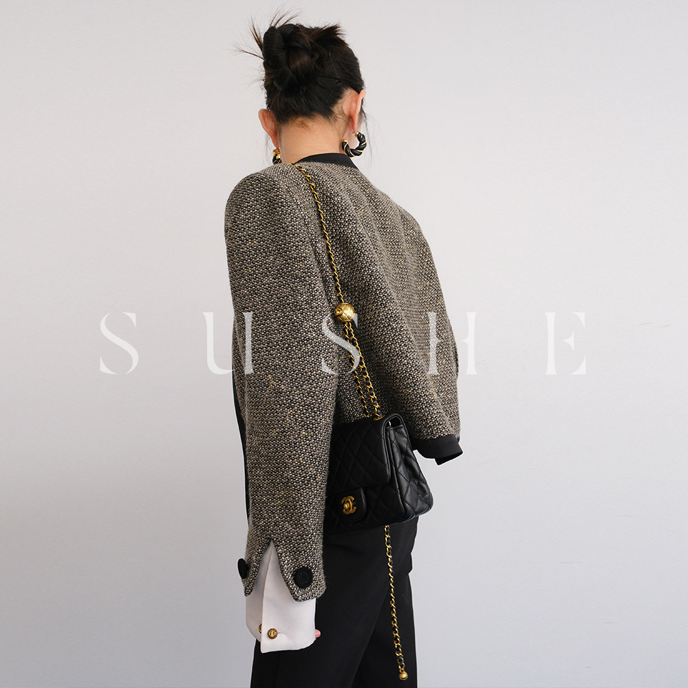 束皙/SUSHE Ch@nel原厂彩金纱面料优雅无领拼接设计小香短外套