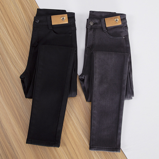 秋显瘦紧身弹力铅笔裤 新款 女小脚裤 设计感2025秋冬加绒黑色牛仔裤