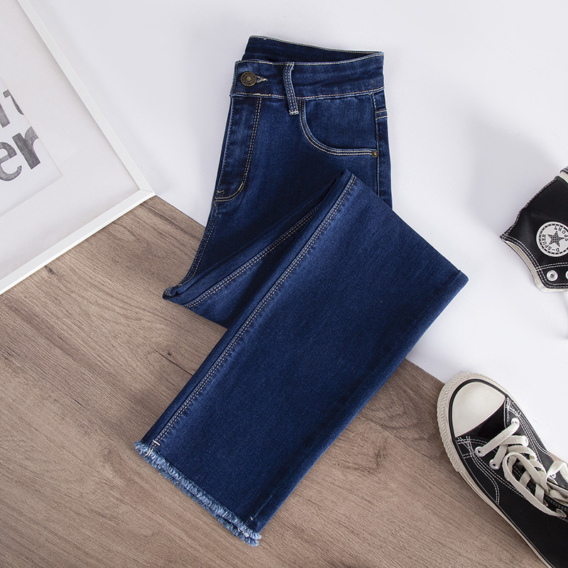 蓝色牛仔裤直筒宽松毛边烟管裤