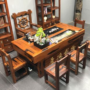 老船木流水茶桌循环用水养鱼茶台实木茶几新中式整装功夫泡茶家具