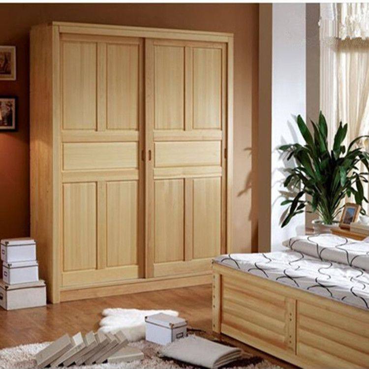 现代卧室实木大衣柜推拉门木质移门衣橱松木滑门经济原木环保家具