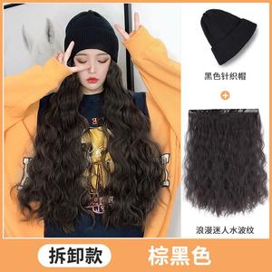 可拆卸网假帽潮流款的一体带渔夫红女士假发带秋季帽子波纹头发水
