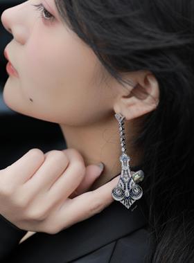 Selfish|西洋古董vintage|复刻款复古华丽超长款耳环气质蓝色耳饰