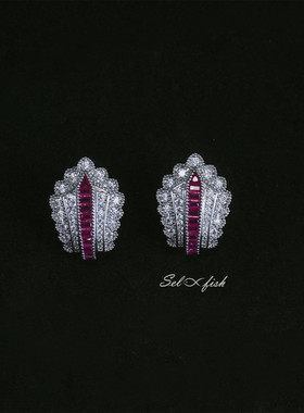 Selfish|精选|古董款Artdeco风格鸽血红色红刚玉耳钉耳拍典雅复古