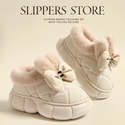 毛绒包跟蝴蝶结儿童棉拖鞋女童
