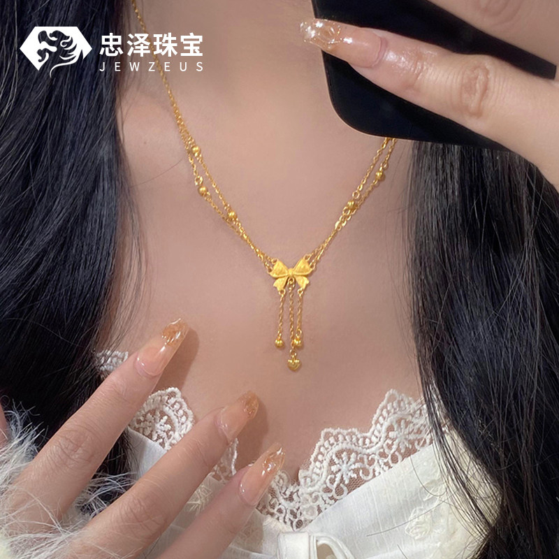 5G黄金流苏蝴蝶项链999足金爱心锁骨链套链纯金一体链送女友老婆