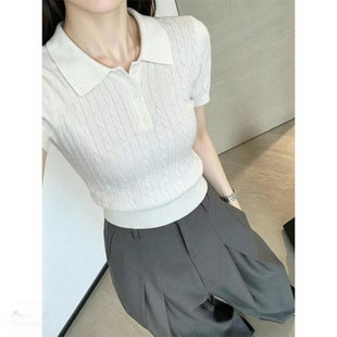老钱风polo领麻花纹针织短袖T恤女夏季学院风小个子正肩短款上衣
