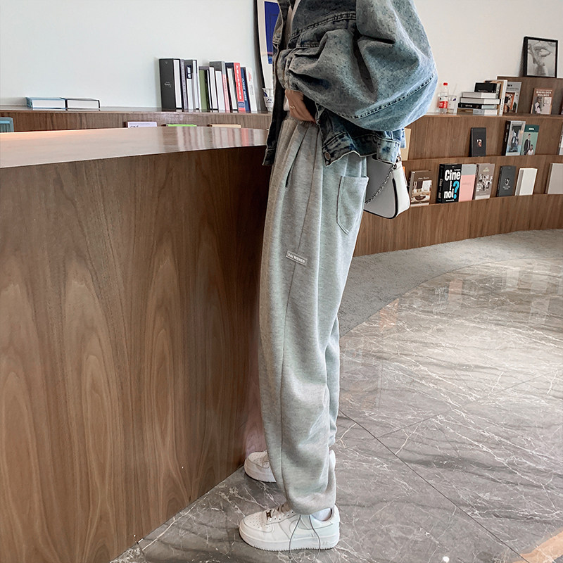 灰色束脚运动裤女宽松直筒秋冬季加厚高腰显瘦休闲阔腿抽绳卫裤子