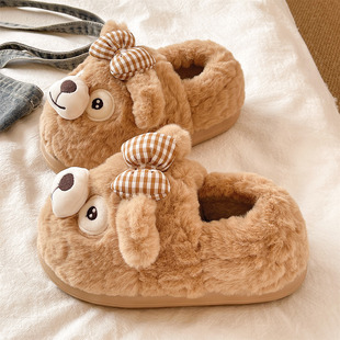 棉鞋女款冬季可爱蝴蝶结小熊居家室内厚底包跟月子保暖毛绒棉拖鞋