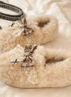 厚底棉拖鞋女款冬季室内居家保暖防滑可爱蝴蝶结包跟毛绒月子棉鞋