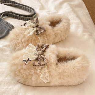 厚底棉拖鞋女款冬季室内居家保暖防滑可爱蝴蝶结包跟毛绒月子棉鞋