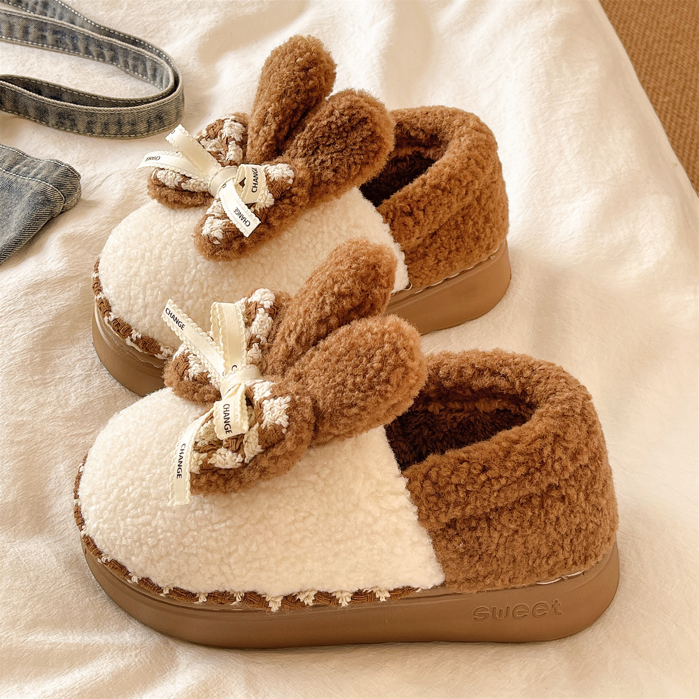 可爱蝴蝶结兔耳朵包跟棉拖鞋