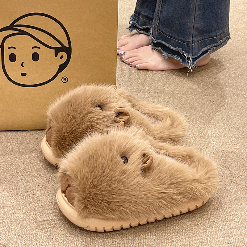 可爱水豚毛绒包头棉拖鞋
