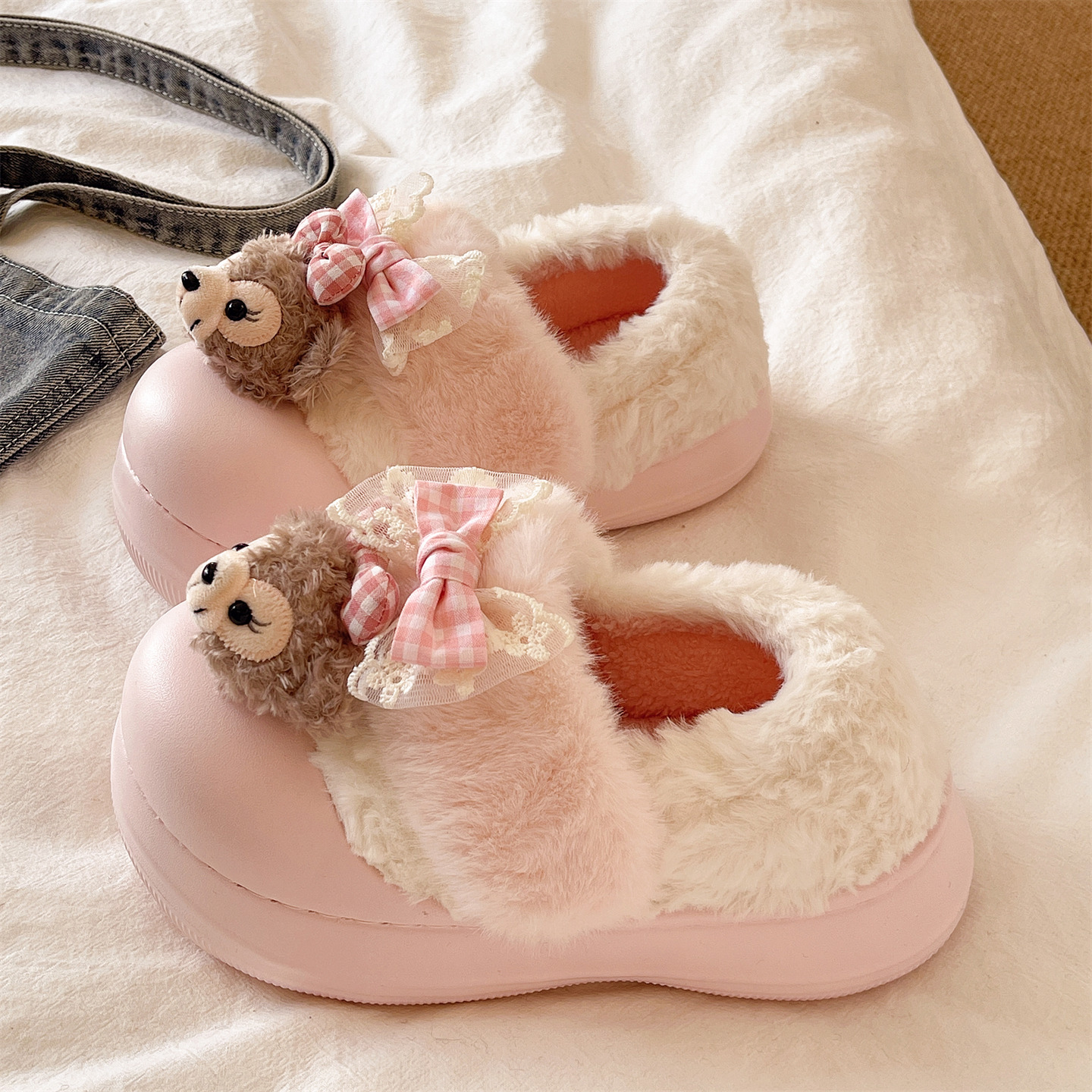 可爱卡通厚底防水包跟棉拖鞋