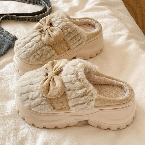 时尚蝴蝶结厚底包头棉拖鞋