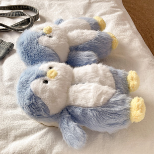 外穿可爱企鹅学生宿舍厚底防滑保暖毛绒居家包跟棉鞋 棉拖鞋 女冬季