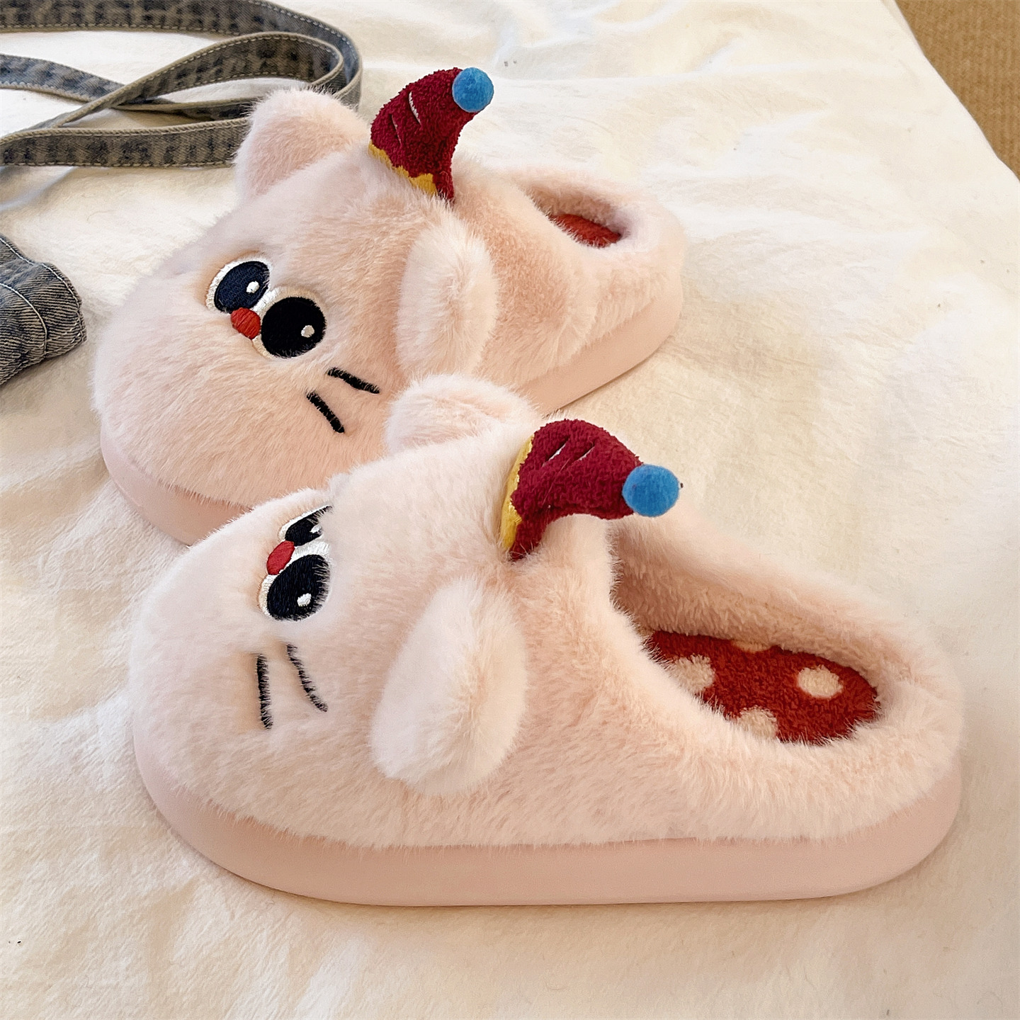 可爱帽子猫咪厚底包头棉拖鞋