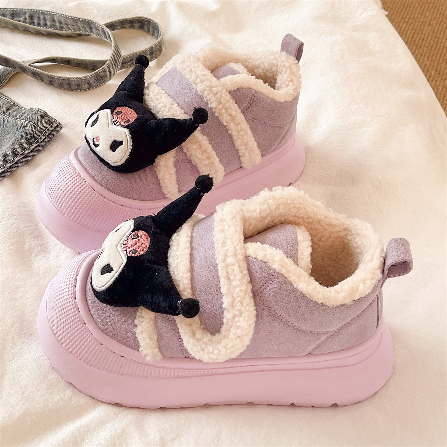 卡通可爱加绒厚底包跟棉拖鞋