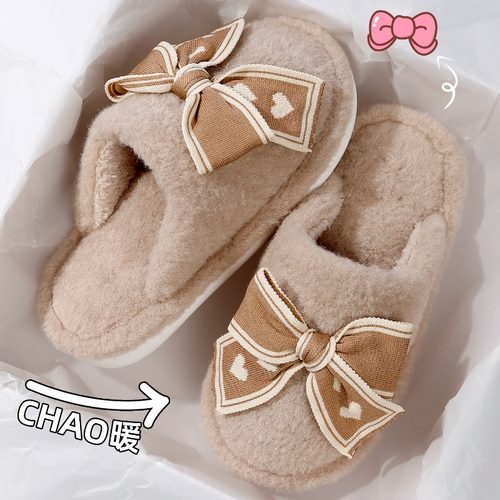 毛绒保暖厚底包头蝴蝶结棉拖鞋