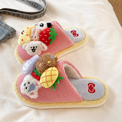 可爱卡通拼色软底保暖棉拖鞋
