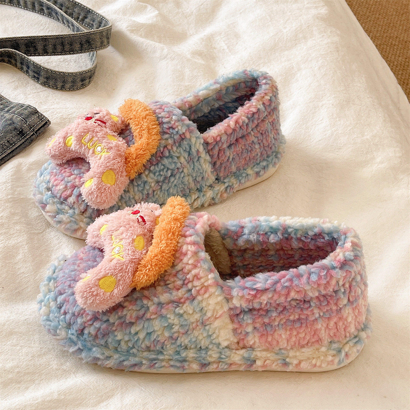 棉拖鞋女冬季家居室内软底防滑可爱兔子拼色保暖毛绒月子包跟棉鞋,女鞋,毛毛鞋,淘宝优惠券,粉丝福利购,淘宝优惠卷