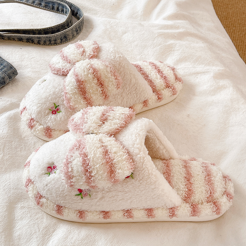 条纹蝴蝶结软底保暖棉拖鞋