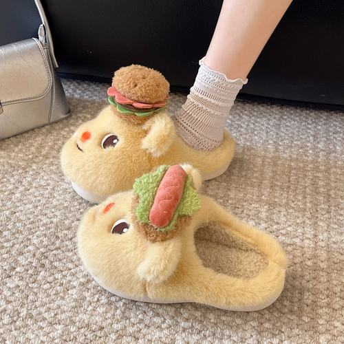 加绒保暖可爱汉堡小熊毛毛拖鞋