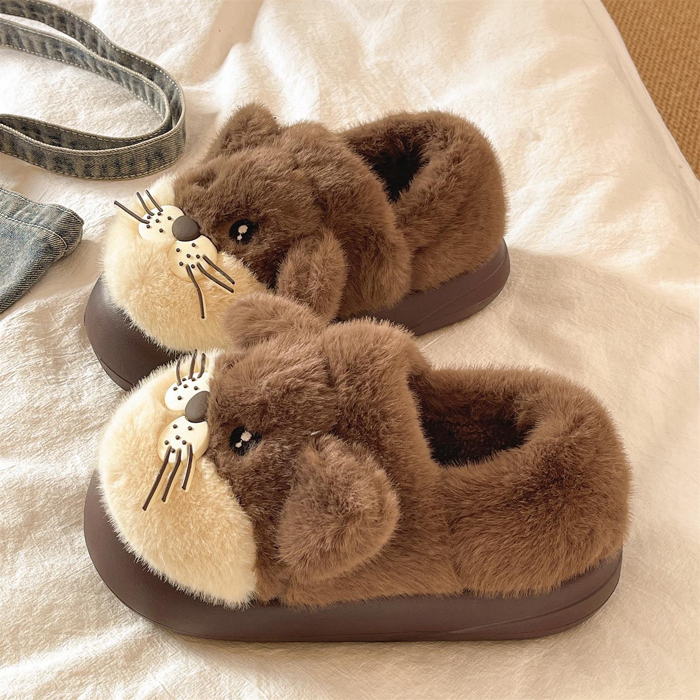 可爱小豹子厚底包跟棉拖鞋