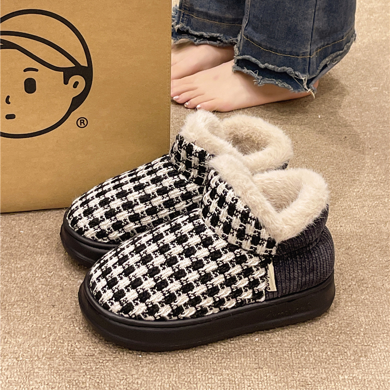 时尚千鸟格加绒加厚包跟棉鞋