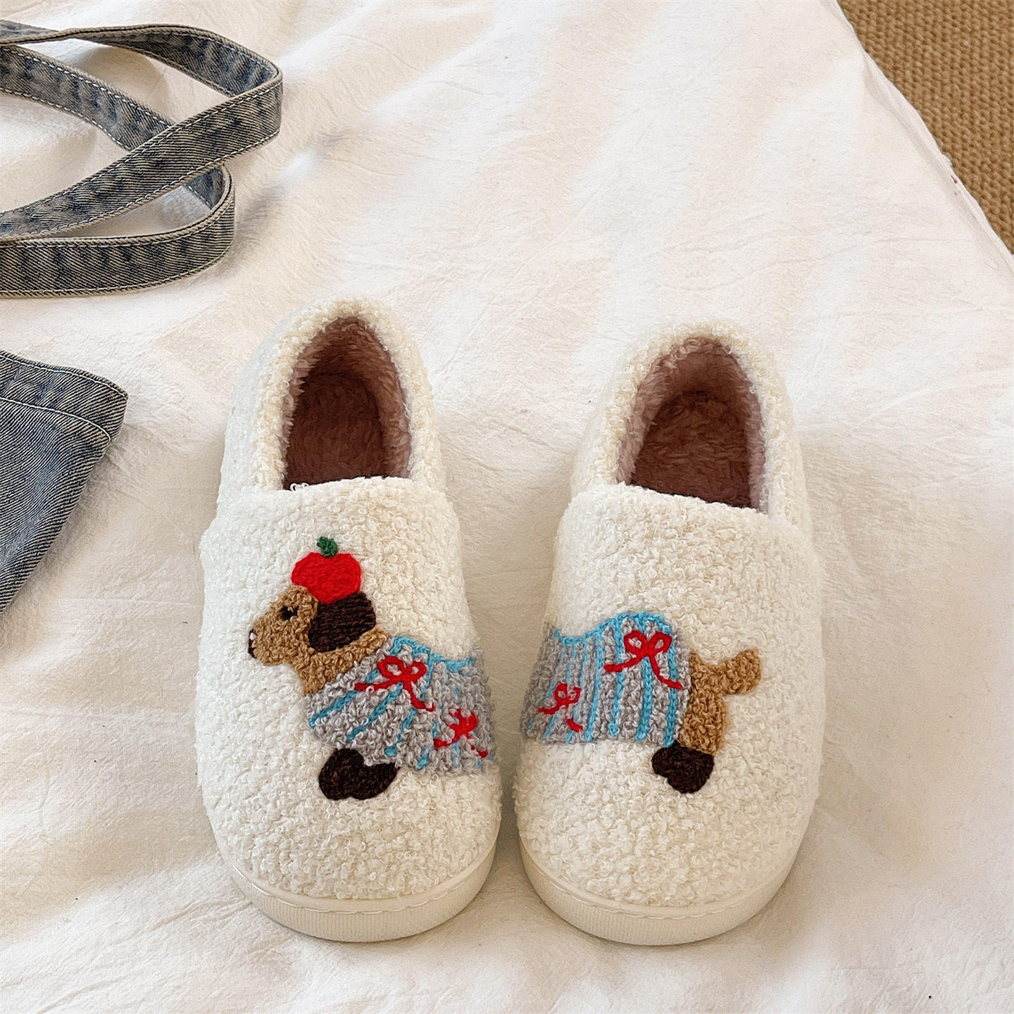 棉拖鞋女冬季可爱卡通小狗防滑厚底室内居家毛绒保暖包跟月子棉鞋