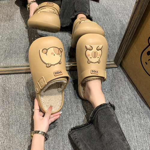 可爱河豚加绒包头棉拖鞋